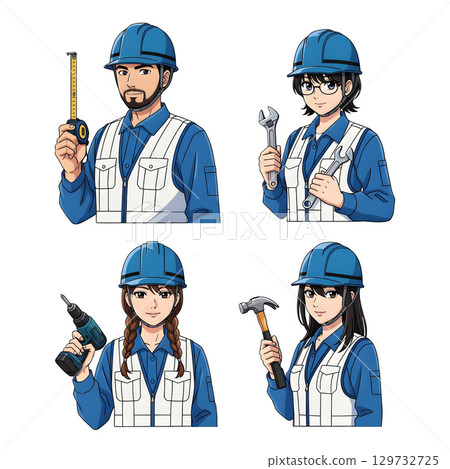 Builders dressed in protective vests and helmets. Construction worker character. Cartoon illustration. 129732725