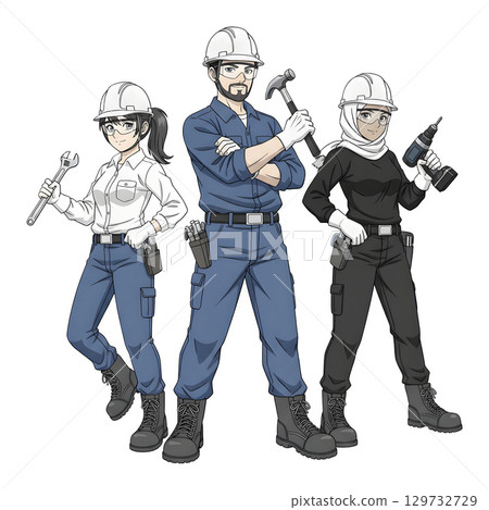 Builders dressed in protective vests and helmets. Construction worker character. Cartoon illustration. 129732729