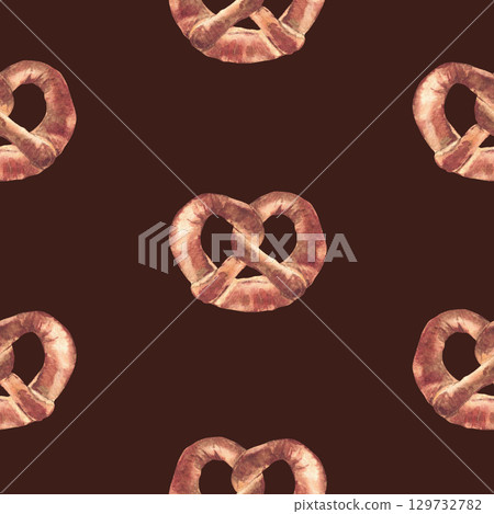 Bretzel watercolor seamless pattern. German pretzel food realistic painted illustration. Bakery snack packing. Bavarian Oktoberfest festival clipart for fabric, menu isolated on dark brown background. Bretzel watercolor seamless pattern. German pretzel food realistic painted illustration. Bakery snack packing. Bavarian Oktoberfest festival clipart for fabric, menu isolated on dark brown background. 129732782