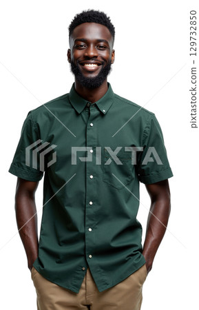 Man Green Shirt. A young Black man with short hair and a beard, wearing a dark green collared shirt, stands Man Green Shirt. A young Black man with short hair and a beard, wearing a dark green collared shirt, stands 129732850
