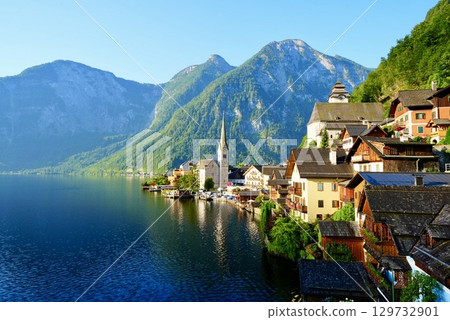 Beautiful lakeside townscape and Alpine scenery of Hallstatt, Austria, a World Heritage Site Beautiful lakeside townscape and Alpine scenery of Hallstatt, Austria, a World Heritage Site 129732901