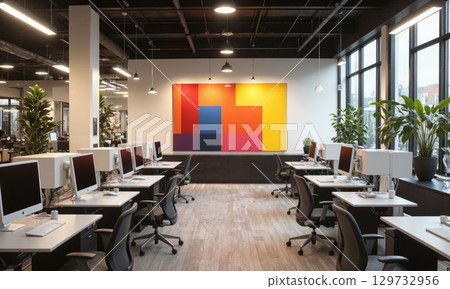 Modern coworking space with minimalist desks, ergonomic chairs, and abstract art on the walls. Task lighting focuses on each desk, while overhead pendant Modern coworking space with minimalist desks, ergonomic chairs, and abstract art on the walls. Task lighting focuses on each desk, while overhead pendant 129732956