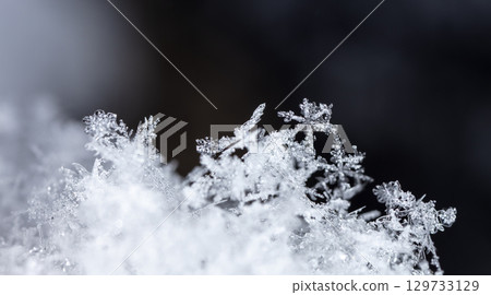 Macro snowflakes showing intricate winter details on dark background 129733129