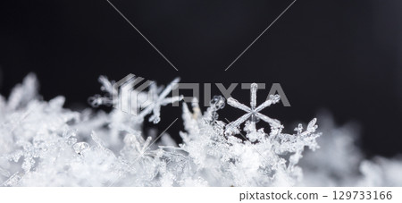 Macro snowflakes showing intricate winter details on dark background 129733166