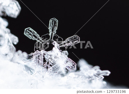 Macro snowflakes showing intricate winter details on dark background Macro snowflakes showing intricate winter details on dark background 129733196