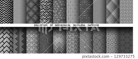 Geometric set of seamless black and white patterns. Simple vector graphics. 129733275