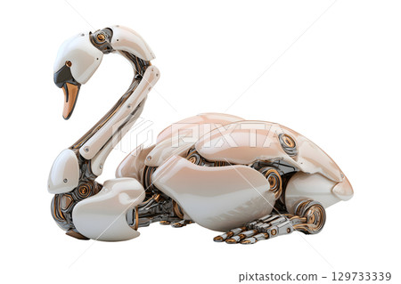 Glossy swan robot with intricate mechanical details, showcasing blend of elegance and technology. This futuristic design captivates with its sleek 129733339