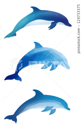 Stylized dolphins in various shades of blue, showcasing marine life beauty and elegance. Perfect for ocean themed designs 129733375