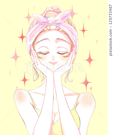 戴著髮帶和髮髻的女人，閉著眼睛，雙手放在臉上，閃閃發光 129733487