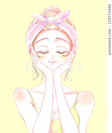 一名女子，頭髮綁成髮髻，頭戴頭帶，閉著眼睛，雙手放在臉上 129733488