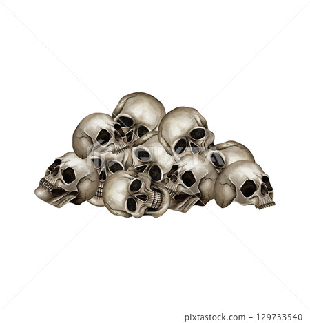 Pile of human skulls. Watercolor illustration isolated from background. Hand drawn art in Gothic style, metalhead. Bones for textile, packaging, t-shirt and print product on Halloween, moto style 129733540