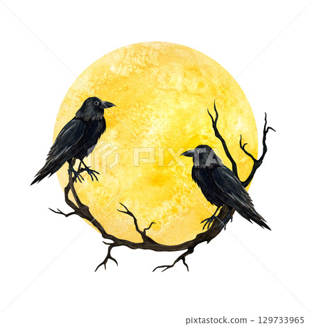 Yellow full moon with black crows on dry branch. Watercolor illustration isolated from background. Hand drawn Gothic style, Esoteric, Friday the 13th for poster, postcard template, textile 129733965