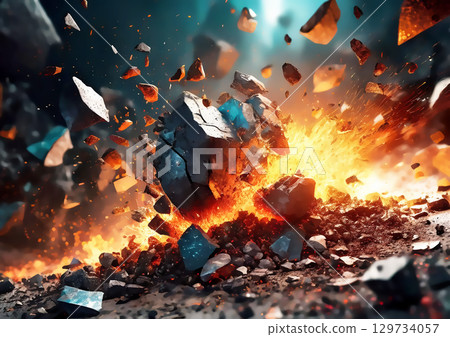 與爆炸和飛行碎片的抽象背景 與爆炸和飛行碎片的抽象背景 129734057