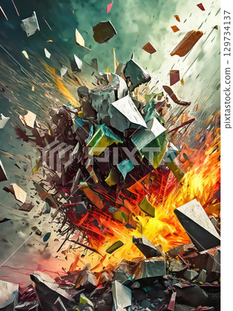 與爆炸和飛行碎片的抽象背景 129734137