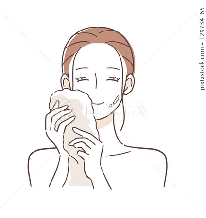 Illustration material of a woman wiping her face with a towel after washing her face 129734165