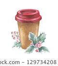 Paper coffee cup with Christmas plants. Watercolor illustration of a holly plant and drink. Hand drawn vintage sketch on white isolated background. Water color painting art image for cards and prints 129734208