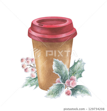 Paper coffee cup with Christmas plants. Watercolor illustration of a holly plant and drink. Hand drawn vintage sketch on white isolated background. Water color painting art image for cards and prints 129734208
