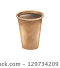 Paper coffee to go cup without lid. Watercolor illustration of a craft tea or hot chocolate mug. Hand drawn vintage sketch on white isolated background. Water color painting art image 129734209