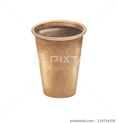 Paper coffee to go cup without lid. Watercolor illustration of a craft tea or hot chocolate mug. Hand drawn vintage sketch on white isolated background. Water color painting art image 129734209