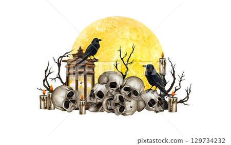 Human skulls, black ravens, lantern, dry branches, candelabrum with burning candle and yellow full moon. Watercolor illustration isolated from background. Gothic style for Halloween, Day of the Dead Human skulls, black ravens, lantern, dry branches, candelabrum with burning candle and yellow full moon. Watercolor illustration isolated from background. Gothic style for Halloween, Day of the Dead 129734232