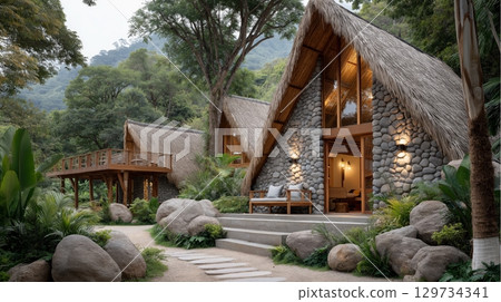 Rustic stone cabins with thatched roofs surrounded by lush tropical forest. 129734341