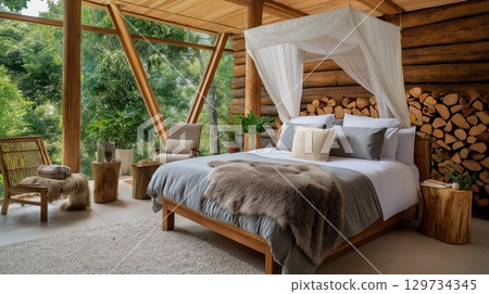 Cozy rustic cabin bedroom with canopy bed overlooking lush greenery through large windows. 129734345
