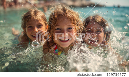 微笑的孩子們在海裡玩耍 微笑的孩子們在海裡玩耍 129734377