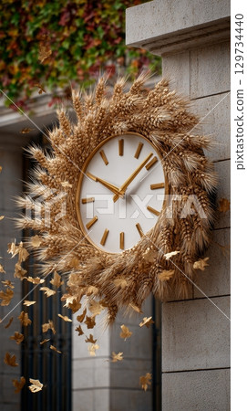 Decorative wheat clock with falling leaves on stone wall. Decorative wheat clock with falling leaves on stone wall. 129734440