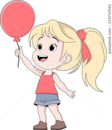 Happy cartoon girl holding red balloon 129734562