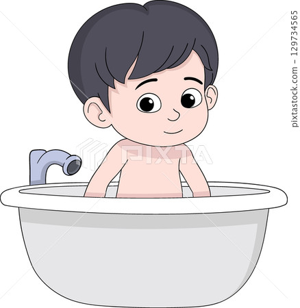 Cartoon Boy Sitting in Bathtub 129734565