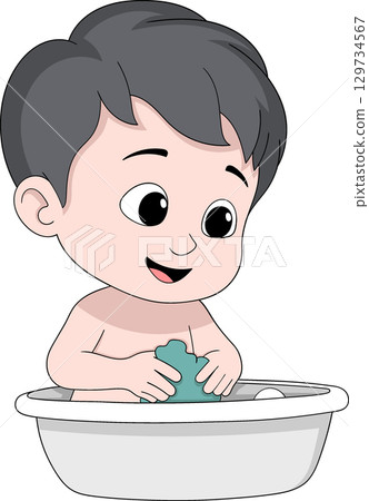 Cute Cartoon Boy Bathing with Sponge Cute Cartoon Boy Bathing with Sponge 129734567