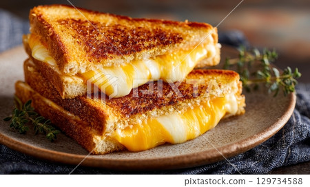 Mouthwatering grilled cheese sandwich with melted cheddar on rustic plate. Mouthwatering grilled cheese sandwich with melted cheddar on rustic plate. 129734588