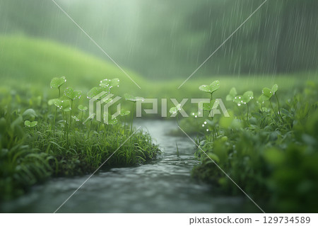 溪流兩旁的嫩葉和閃閃發光的雨滴構成了一幅令人心曠神怡的綠色景觀 溪流兩旁的嫩葉和閃閃發光的雨滴構成了一幅令人心曠神怡的綠色景觀 129734589