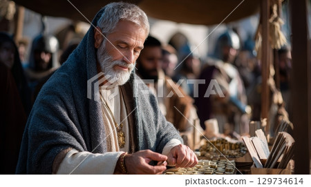 Mature caucasian male trader counting coins at medieval market stall. 129734614