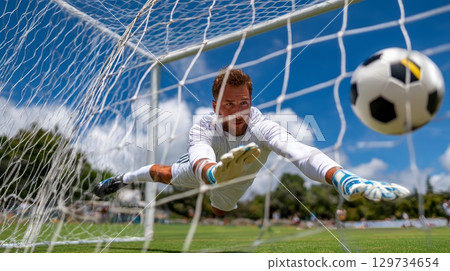 Caucasian male goalkeeper diving to save soccer ball during outdoor game. Caucasian male goalkeeper diving to save soccer ball during outdoor game. 129734654