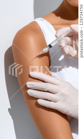 Female receiving vaccine injection in arm wearing white gloves. 129734750