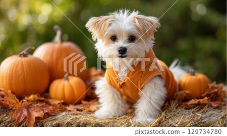 Adorable small dog in autumn outfit with pumpkins in a fall setting. 129734780