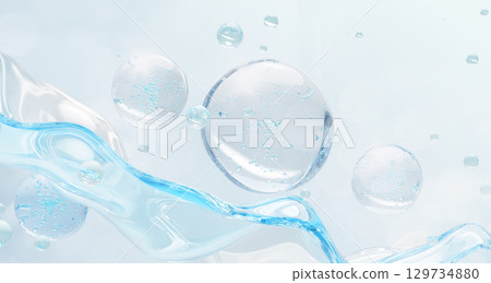 Water gel cream texture 3d background. Blue liquid wave and oil drops with bubbles. Moisture aqua serum, hyaluronic acid or glycerin. Cosmetic beauty product, hydration for skin care. 3D illustration 129734880