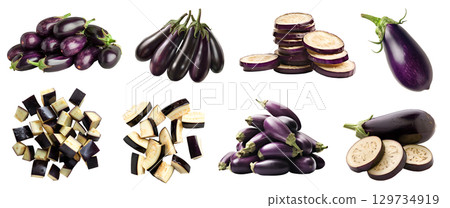Eggplant aubergine brinjal baigan fruit vegetable, many angles and view side top front group slice cut isolated on transparent background cutout, PNG file. Mockup template for artwork graphic design Eggplant aubergine brinjal baigan fruit vegetable, many angles and view side top front group slice cut isolated on transparent background cutout, PNG file. Mockup template for artwork graphic design 129734919