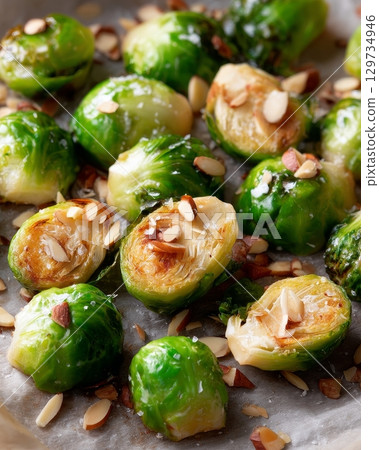 Roasted brussels sprouts with sliced almonds on parchment paper. 129734946