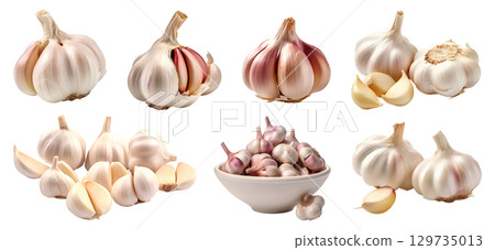 Garlic vegetable herb, many angles and view side top front cluster pile group isolated on transparent background cutout, PNG file. Mockup template for artwork graphic design Garlic vegetable herb, many angles and view side top front cluster pile group isolated on transparent background cutout, PNG file. Mockup template for artwork graphic design 129735013