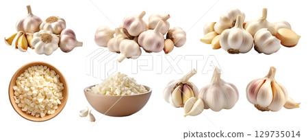 Garlic vegetable herb, many angles and view side top front cluster pile group isolated on transparent background cutout, PNG file. Mockup template for artwork graphic design Garlic vegetable herb, many angles and view side top front cluster pile group isolated on transparent background cutout, PNG file. Mockup template for artwork graphic design 129735014
