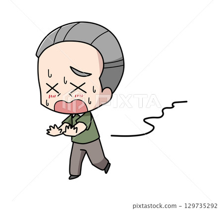 Illustration of an elderly man who cannot walk straight due to the heat 129735292