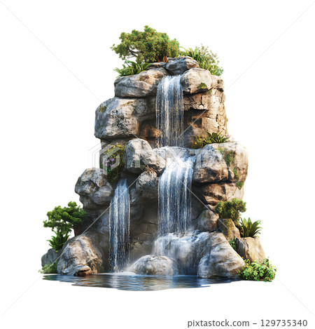 Serene Waterfall Rock Garden Feature On Transparent Background 129735340