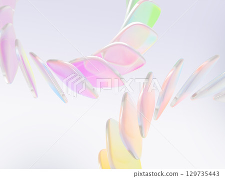 Pearlescent ribbons of rows glass translucent square plate shapes. Abstract wave line pattern with neon rainbow light gradient, holographic colors. Dynamic tech 3d render background. 3D illustration 129735443