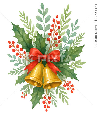 Christmas Leaves Bouquet Clipart. Festive Flowers. Winter bouquets with golden bells, red bows, holly leaves and berries. Christmas decor set. Christmas Leaves Bouquet Clipart. Festive Flowers. Winter bouquets with golden bells, red bows, holly leaves and berries. Christmas decor set. 129735473
