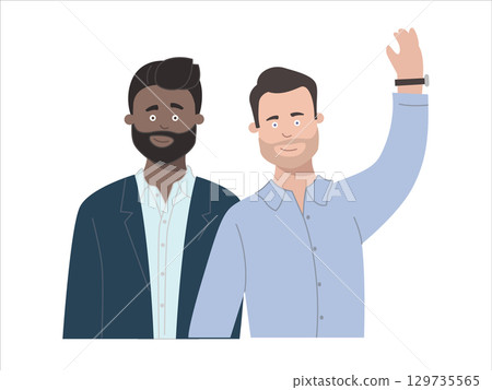 Portrait of two young people dressed in business clothes greeting and smiling. Happy, dark-skinned bearded man and European man Portrait of two young people dressed in business clothes greeting and smiling. Happy, dark-skinned bearded man and European man 129735565