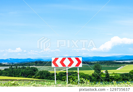 A summer Hokkaido landscape with a clear blue sky and a road sign splitting into two 129735637