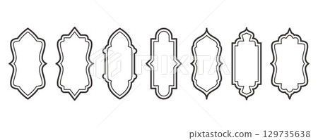 Ramadan frame shapes. Window Arabic arc outline elements. Door design with Turkish ornament. Muslim oriental sticker template. Traditional decoration set for banner and badge. 129735638