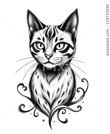 Artistic Illustration of a Cat with Intricate Patterns, Perfect Creative Animal Tattoo design 129735690